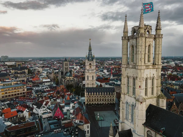 Drone footage showing Saint Bavos Cathedral and the surrounding city architecture.