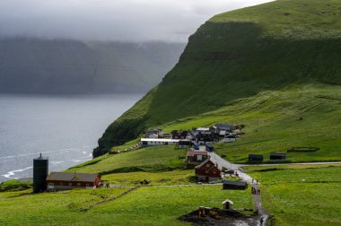 Renkli evleri, sarp yeşil uçurumları ve dramatik okyanus manzarasıyla Kalsoy, Faroe Adaları 'ndaki Trollane köyünün manzarası. Şaşırtıcı doğal çevrede uzak bir İskandinav yerleşimi.