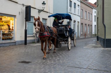 Bruges, Belçika - 29 Kasım 2025: Klasik bir at arabası Bruges 'ün büyüleyici caddelerinde ilerliyor, tarihi atmosferi ve peri masalı atmosferini vurguluyor..