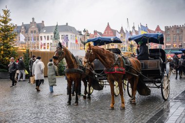Bruges, Belçika - 29 Kasım 2025: Klasik bir at arabası Bruges 'ün büyüleyici caddelerinde ilerliyor, tarihi atmosferi ve peri masalı atmosferini vurguluyor..
