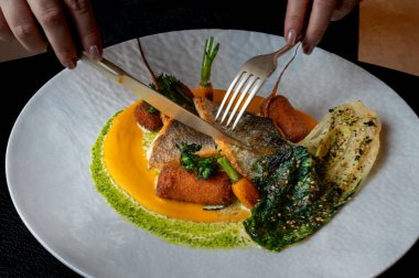 Pahalı bir restoranda, sanatsal kaplama ve altın garnitürle sunulan zarif balık tabağı..