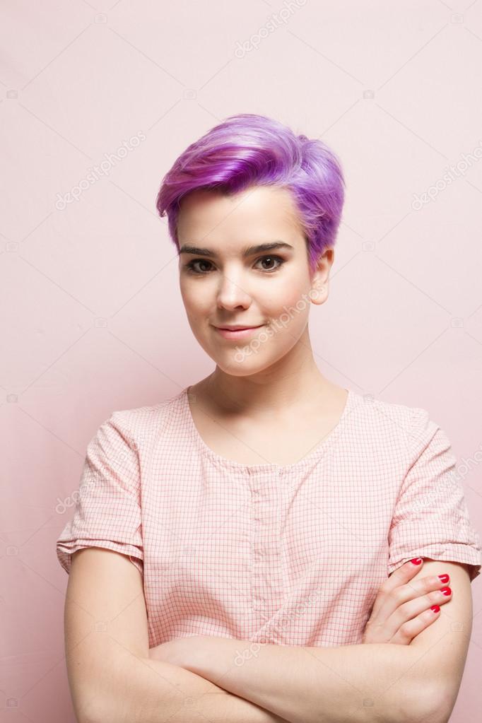 Violet Short Haired Woman In Pink Pastel Smiling Stock Photo C Pablo Croatto 100038050