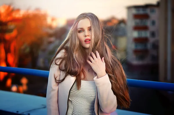 genç güzel zarif kız çatı günbatımında poz.