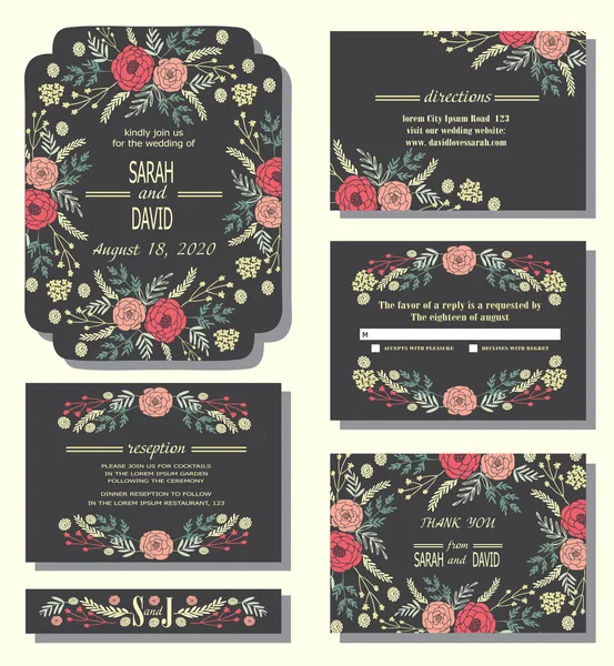 Tarjetas de invitación con corona floral — Vector de stock