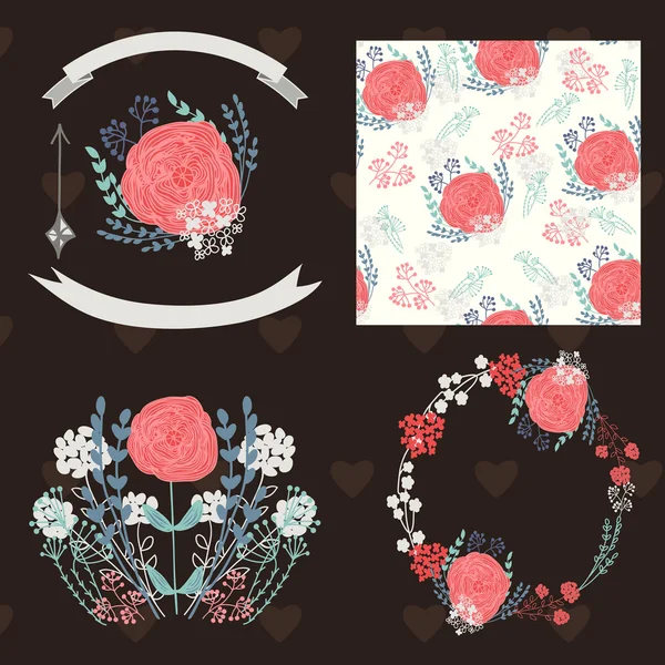Floral vignettes, wreaths and ribbons — Stock Vector