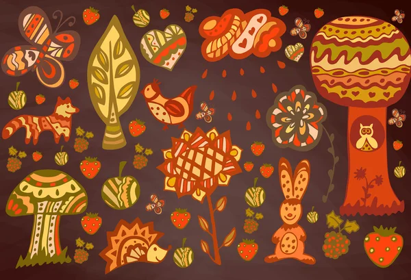 Background with cute forest animals, flowers — Διανυσματικό Αρχείο