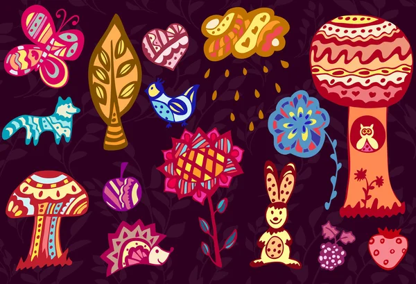 Background with cute forest animals, flowers — Διανυσματικό Αρχείο