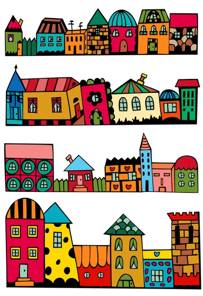 Banderas de la ciudad con casas de dibujos animados brillantes . — Vector de stock