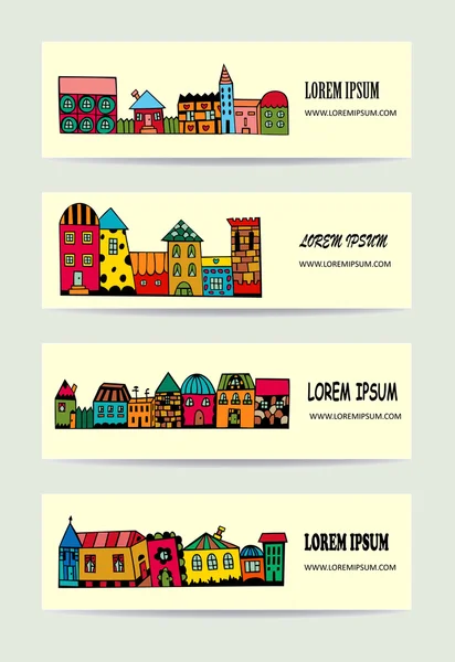 Городские баннеры с яркими мультипликационными домами . — стоковый вектор