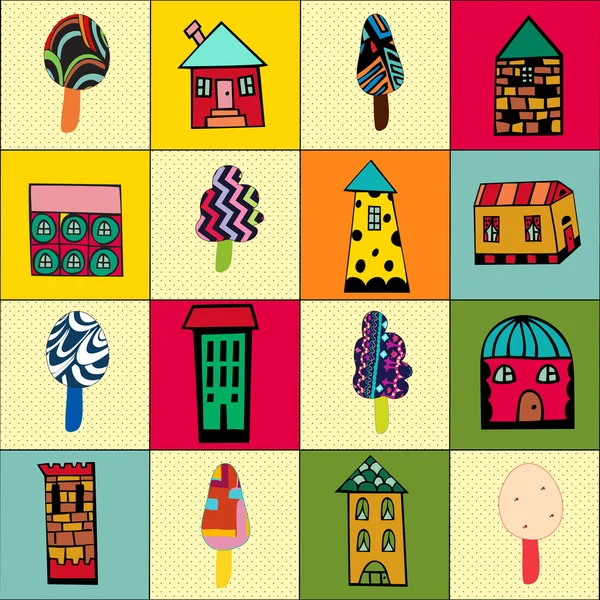 Pattern with cartoon houses and trees. — Stockvector