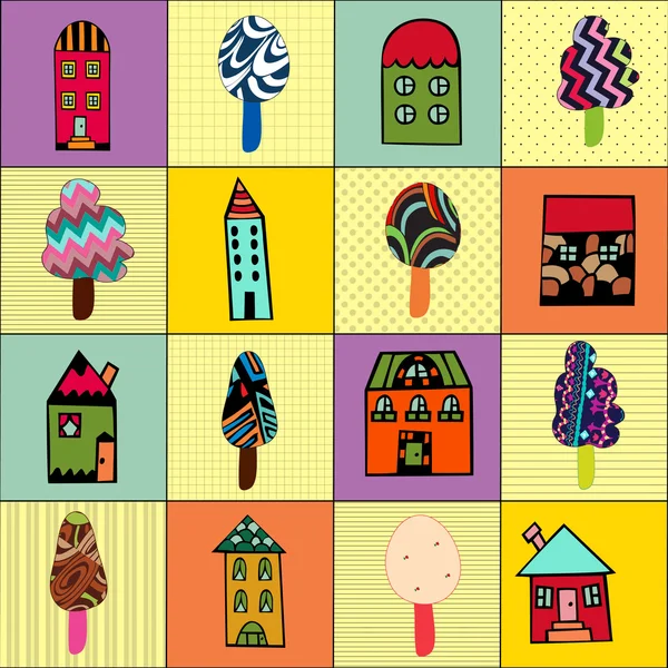 Pattern with cartoon houses and trees. — Stockvector