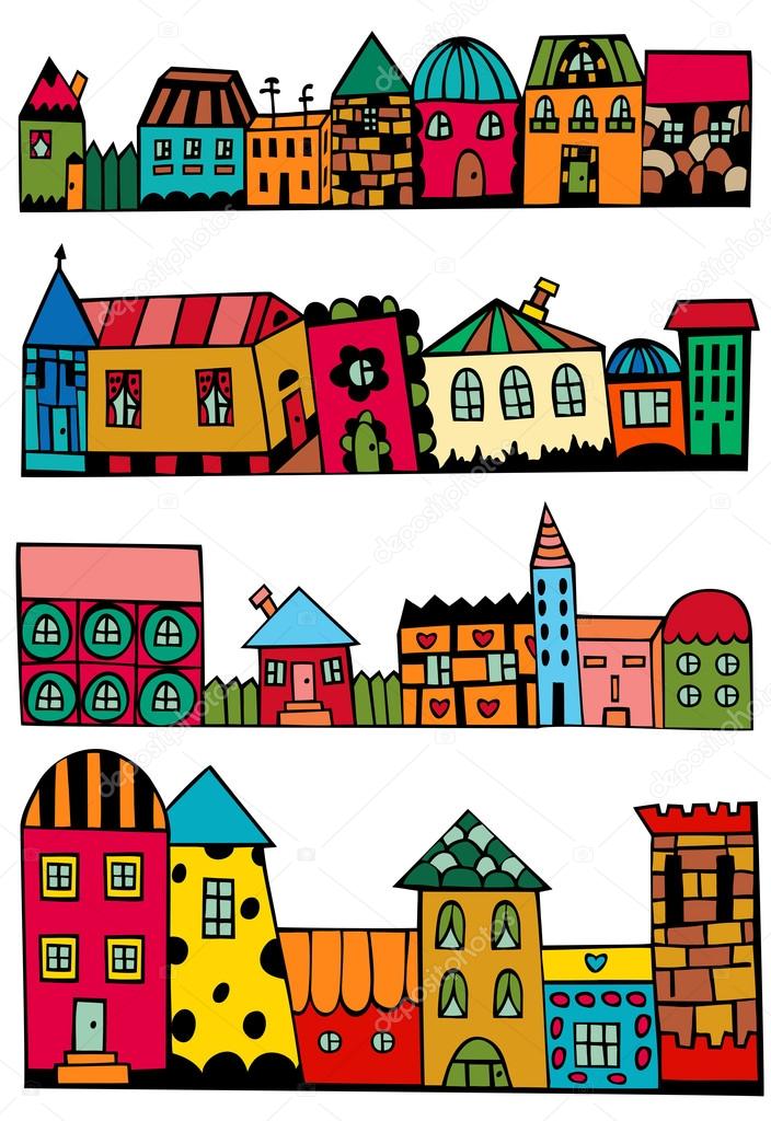 Town banners with bright cartoon houses.