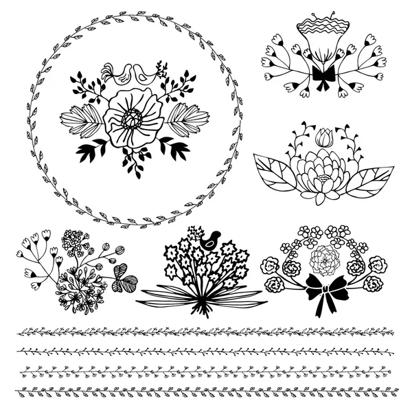 Set of hand-drawn decorative elements and wreath — Stock Vector