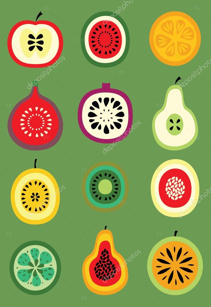 Collection of vector fruit stickers and elements in healthy lifestyle design.