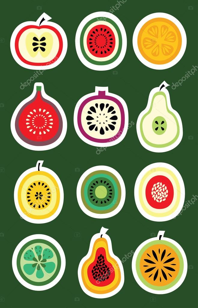 Collection of vector fruit stickers and elements in healthy lifestyle design.