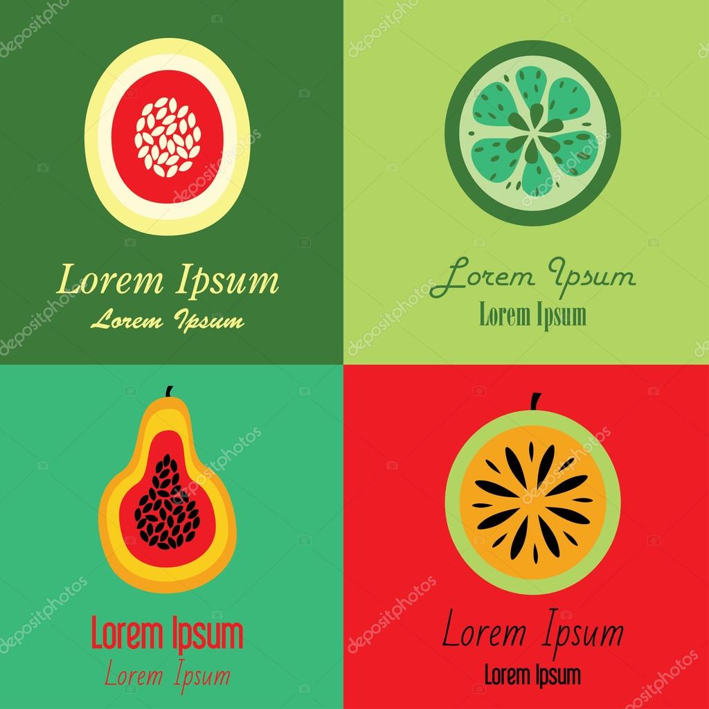 Vector fruit icons and logo design elements in trendy linear style. Fresh fruits vector concept. Healthy diet flat style illustration