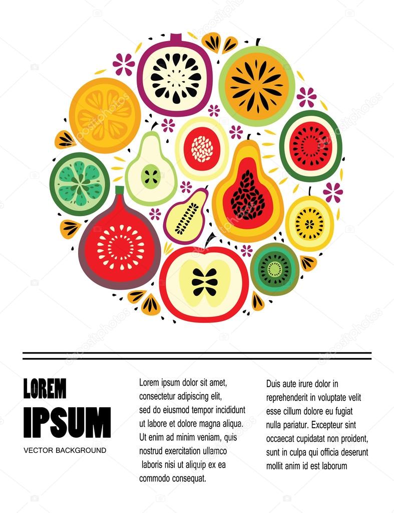 Unique vector illustration with line icons of fruits - apple, pomegranate, lemon, orange, fig, pear, kiwi, mango, mangosteen, papaya, pineapple guava, passion fruit. Place for your text.