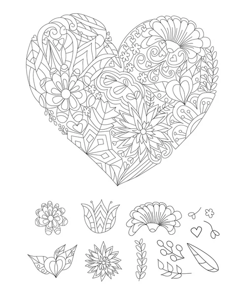 Hand-drawn Heart with floral doodle pattern — Stock Vector