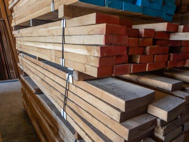 Bir kereste tüccarının deposunda hazır kereste demetleri var..