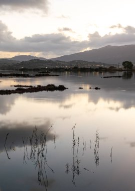 Şafak öncesi vahşi yaşam ortamı manzarası, tuzlu bataklık, durgun su üzerindeki güzel ışık ve yansımaları..