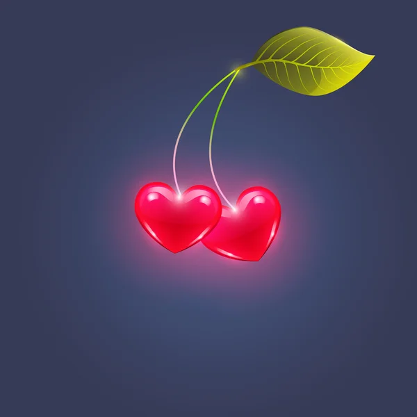 Röda hjärtan och körsbär blad — Stock vektor
