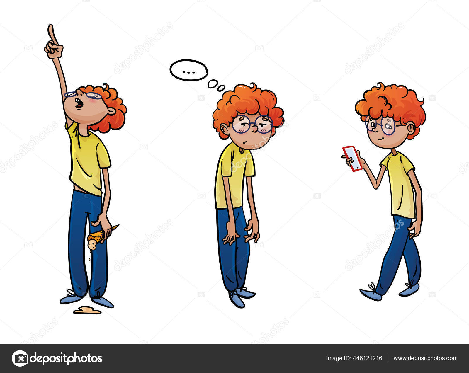 Cartoon redhead boy. A boy with glasses, walking with a phone, saw  interesting things and was tired. Stock Vector Image by  ©. #446121216
