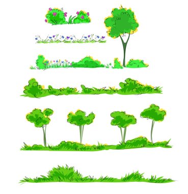 Tasarım için, sanatsal ağaç, çimen ve çalılıklar. Beyaz arkaplanda vektör illüstrasyonu