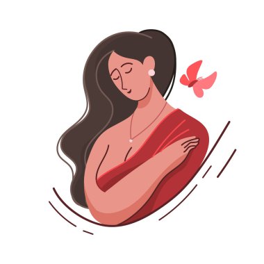 Kırmızılı tombul kız. Kız ve güve. Tombul bir kadının vektör portresi. Göğüsleri olan kadın. Vektör illüstrasyonu