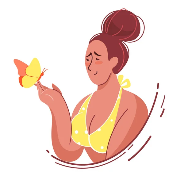 Plump Mädchen in einem Badeanzug. Mädchen und Schmetterling. Vektorporträt einer pummeligen Frau. Dame im gelben Badeanzug. — Stockvektor