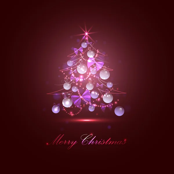 Christmas tree with balls and lights, red background, — Stock Vector