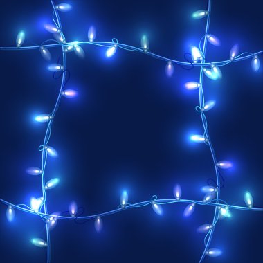 Koyu mavi arka plan, parlak ışıklar Noel ışıkları
