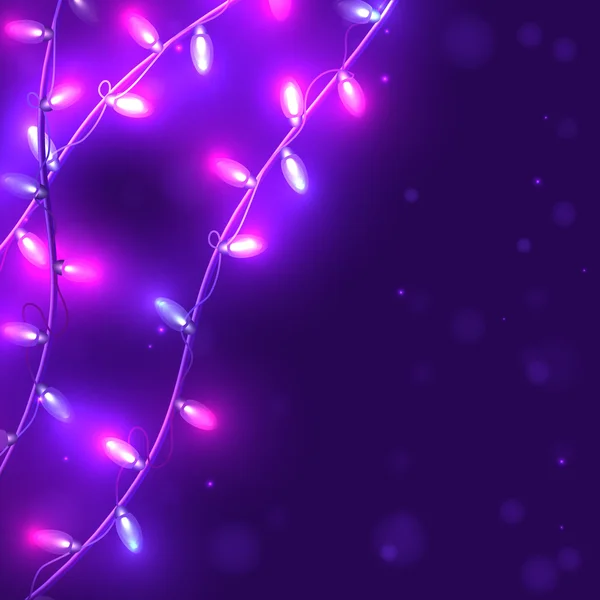 Fond violet Noël avec des guirlandes claires , — Image vectorielle