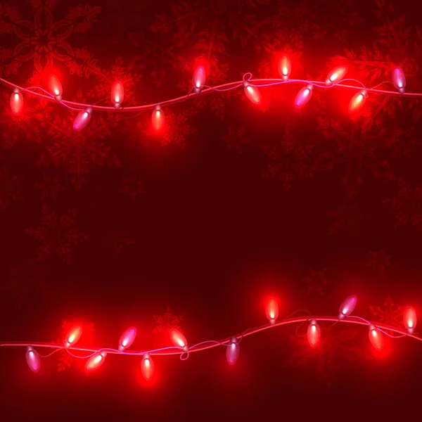 Christmas red  background with light garlands and snowflakes — Stock Vector