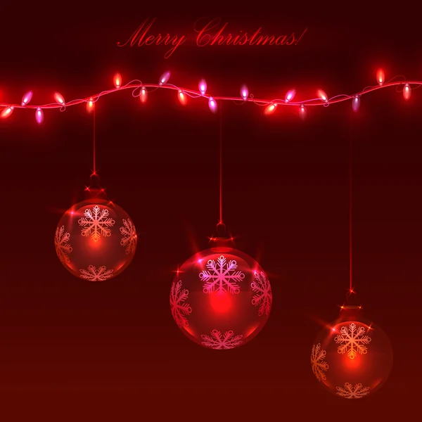 Christmas red  background with light garlands and balls — Stock Vector