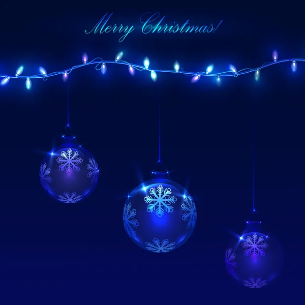 Christmas blue   background with light garlands and balls — Stock Vector