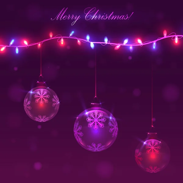 Christmas purple  background with light garlands and balls — Stock Vector