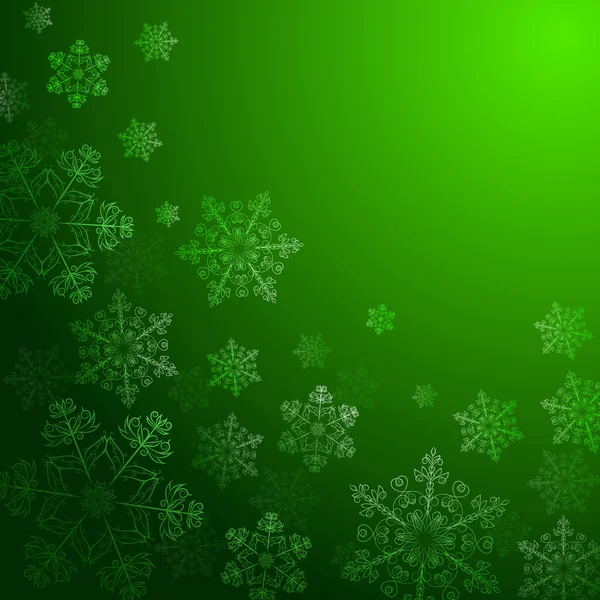 Fondo verde con fiocchi di neve , — Vettoriale Stock