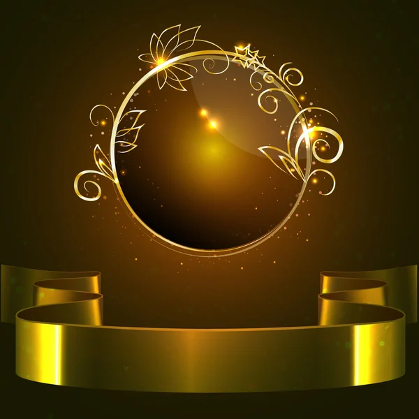 Vecteur, étiquette ronde brillante avec une jante en or et ruban brillant en or — Image vectorielle
