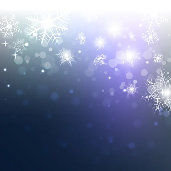 Blauer Hintergrund mit Schneeflocken, Lichtern und glänzenden — Stockvektor