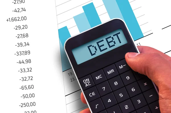 Calculator with the word Debt on the display — Stock Photo, Image