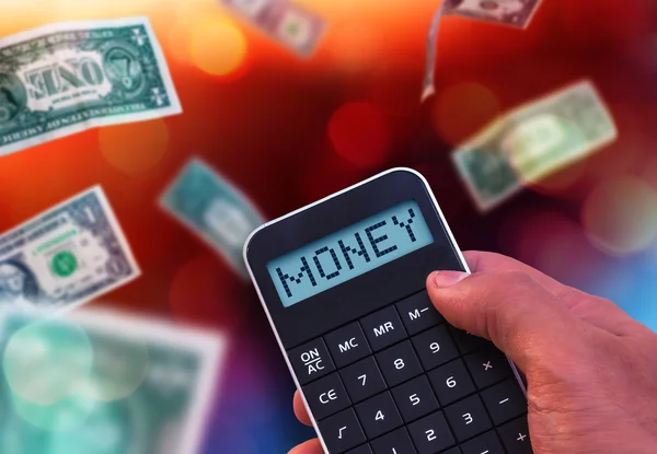 Calculadora con la palabra dinero en la pantalla —  Fotos de Stock