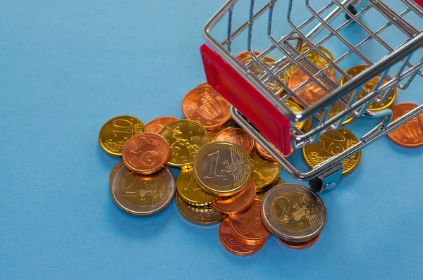 Bir alışveriş sepeti euro ile paralar, satın alma için sembolik fotoğraf Telifsiz Stok Fotoğraflar