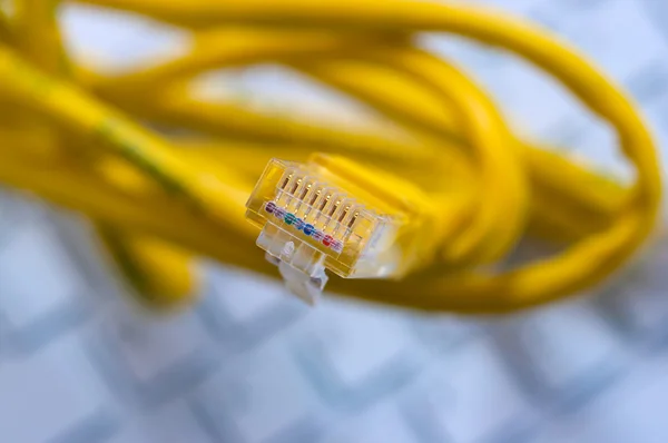Macro de um cabo de rede amarelo — Fotografia de Stock