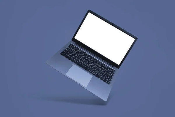 Slim Nowoczesny Laptop Białym Ekranem Makieta Szarym Tle Cieniem — Zdjęcie stockowe