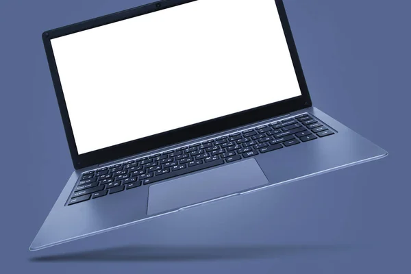 Slim Nowoczesny Laptop Białym Ekranem Makieta Szarym Tle Cieniem — Zdjęcie stockowe