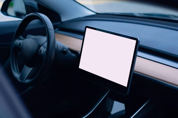 Wnętrze Nowoczesnego Samochodu Zdjęcie Wnętrza Samochodu Makietą Tabletu Białym Ekranem — Zdjęcie stockowe