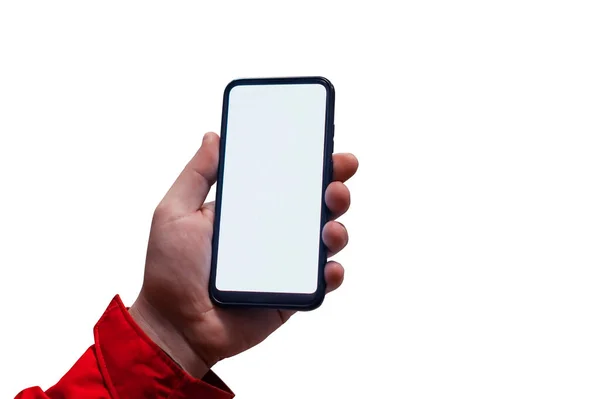 Homem Segurando Mock Smartphone Com Display Branco Close Isolado Fundo — Fotografia de Stock