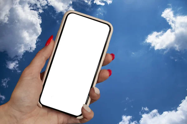 Mockup Smartphones Uma Mulher Segura Smartphone Suas Mãos Contra Pano — Fotografia de Stock