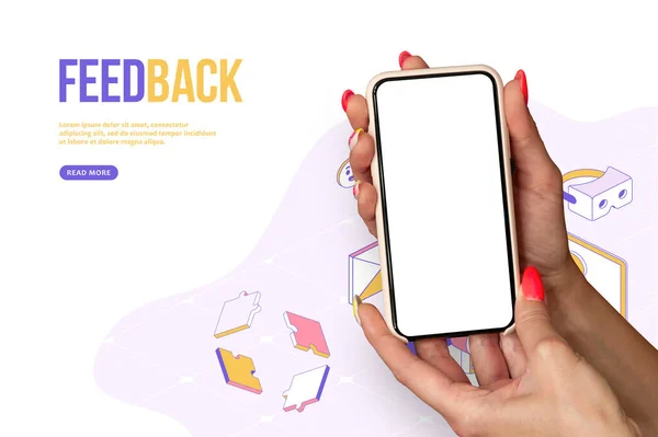 Conceito Feedback Uma Menina Com Unhas Bonitas Mantém Mockup Smartphone — Fotografia de Stock