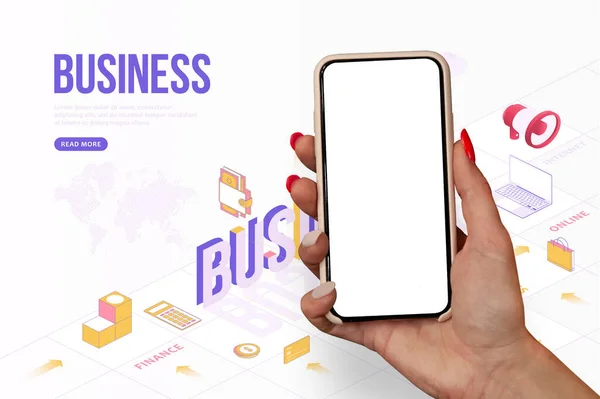 Business Concept Girl Beautiful Nails Holds Smartphone Mockup Her Hand — Stock Photo, Image
